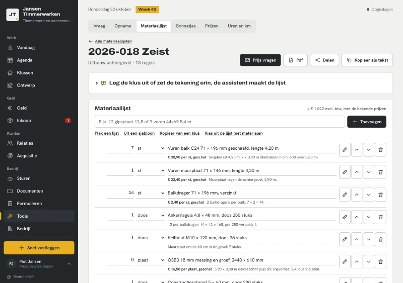 De materiaallijst van een uitbouw: balken, muurplaat, balkdragers, ankernagels, keilbouten en OSB, elk met het aantal, de eenheid en de rekensom.