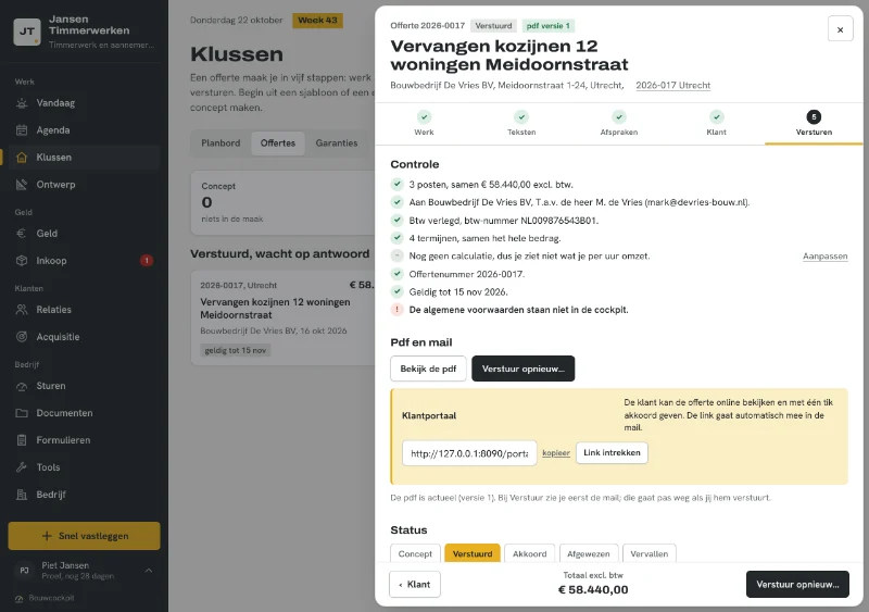 Stap 5 van een offerte, Versturen: de controlelijst met vinkjes, de knop voor de pdf en de link naar het klantportaal.
