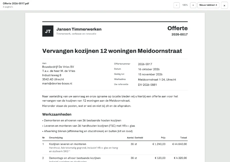 De pdf van offerte 2026-0017 van Jansen Timmerwerken: logo, adres van de klant, offertenummer, werkzaamheden en de posten met prijzen.