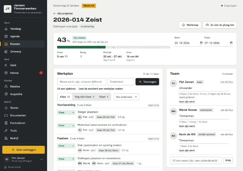 Het project Dakkapel voorzijde in Zeist: 43 procent klaar en op schema, het werkplan per onderdeel met wie wat deed, en het team met de uitvoerder, een werknemer en een timmerman zonder account.