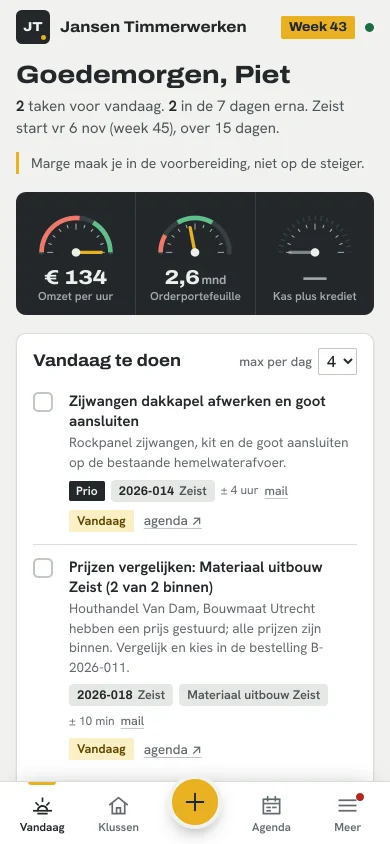 Het scherm Vandaag op een telefoon: de taken van vandaag en de stuurgetallen.